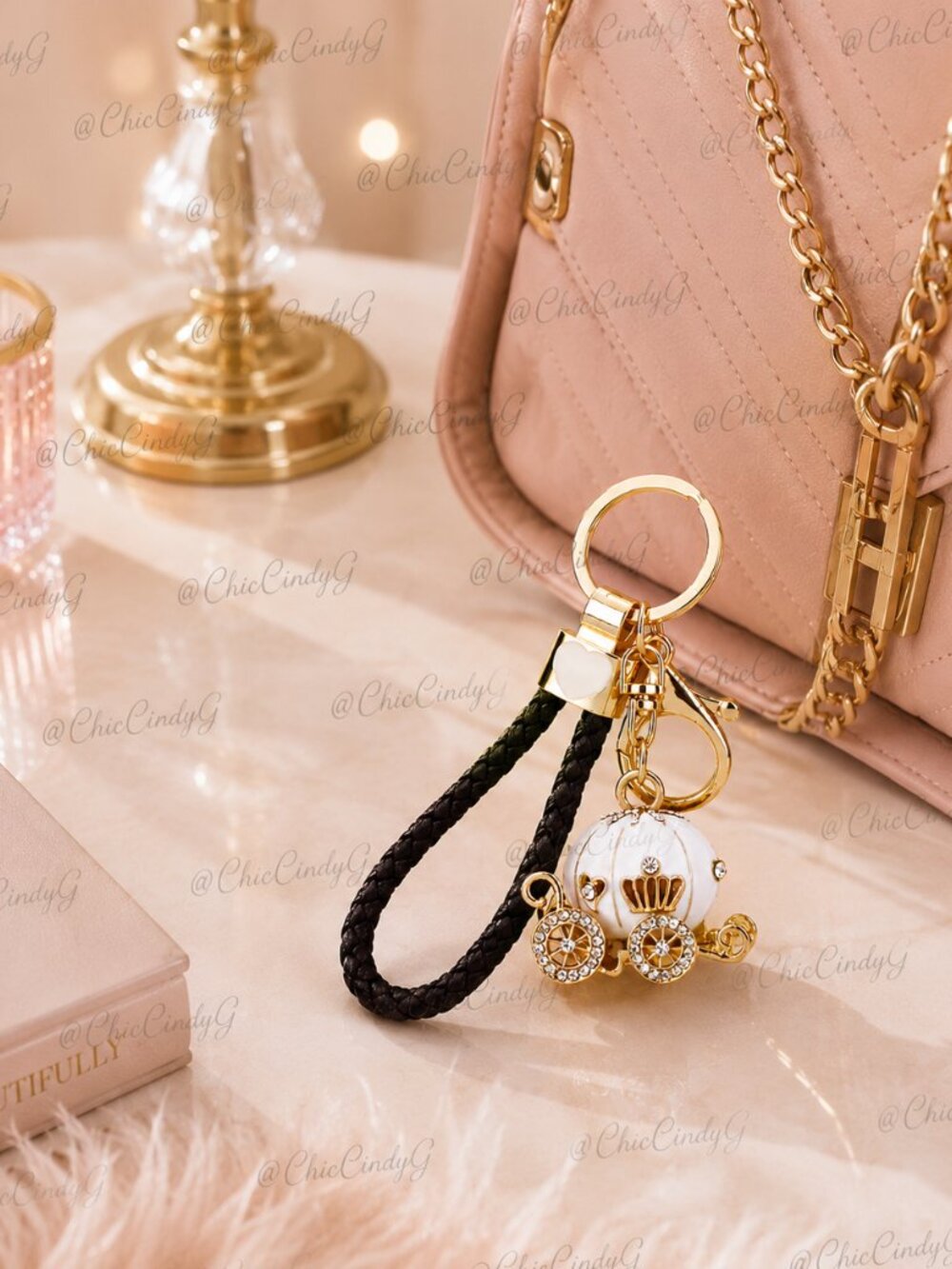 Gold Princess Carriage Bag Charm Keychain Rhinestone Purse Charm Accessory - Picture 5 of 5